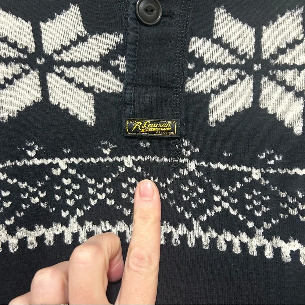 Ralph Lauren Black & White Fair Isle Crewneck Henley Cotton Sweater Size Large
